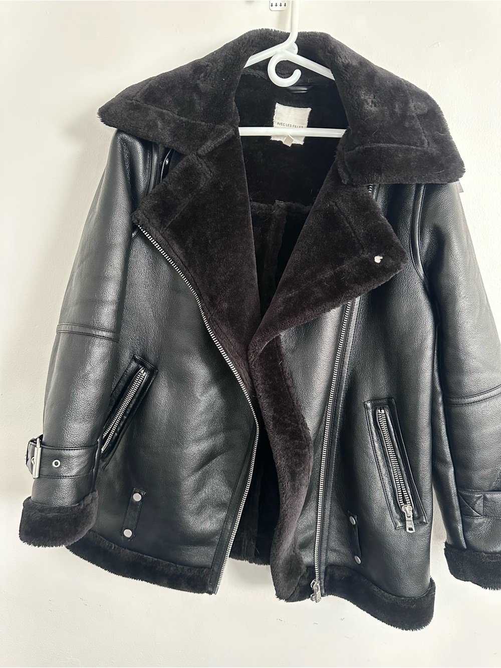 Avec Les Filles Black Faux Shearling Moto Jacket with Plush Collar